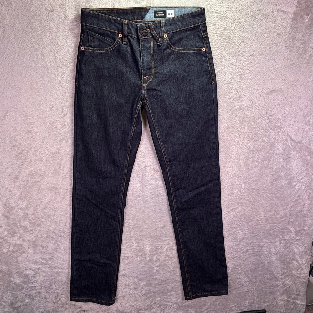 Volcom Mens Vorta Slim Straight Jeans 28 Dark Indigo Stretch Denim A1902005